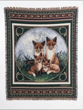 Vintage Cottagecore BD Morris Woven Fox Family Multicolor Throw Blanket